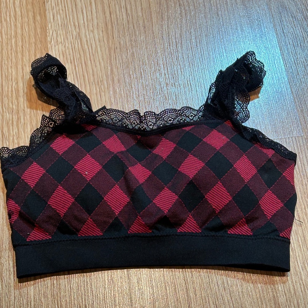 Maurices Red Black Buffalo Plaid Bralette Crop Top Lace Trim‎ Women's S